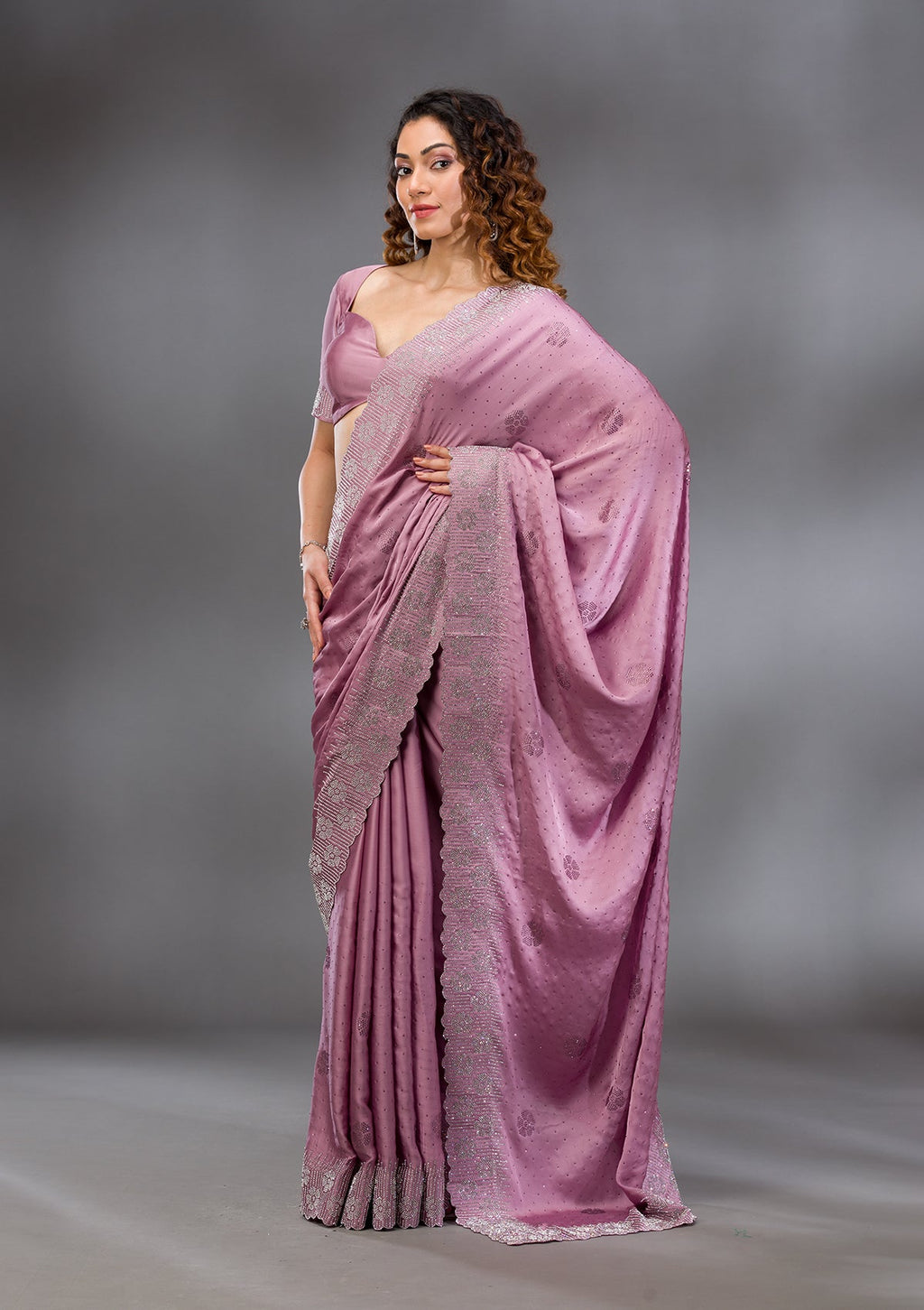 Onion Pink Swarovski Satin Saree