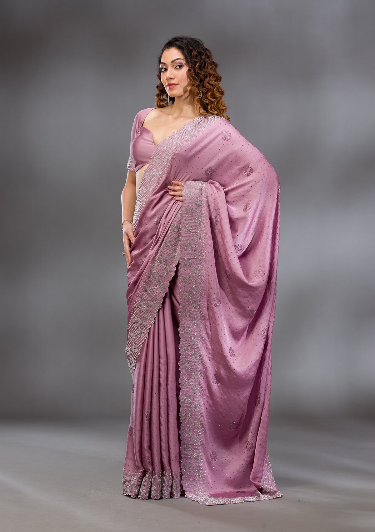 Onion Pink Swarovski Satin Saree