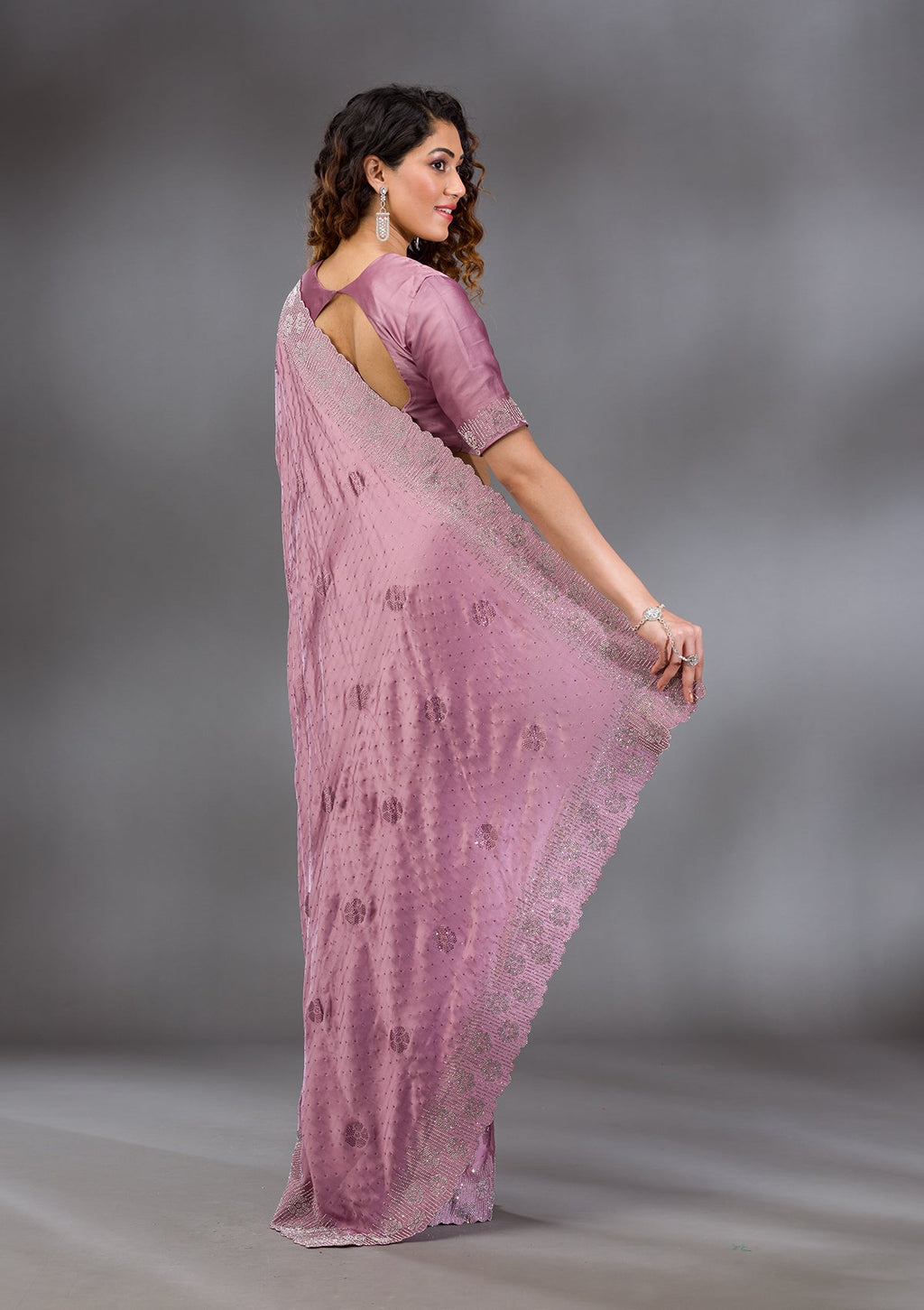 Onion Pink Swarovski Satin Saree