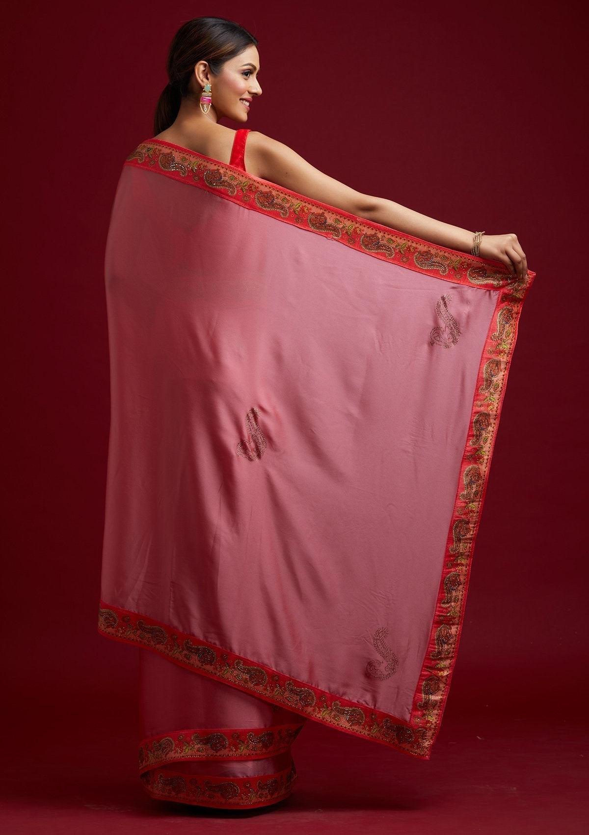 Onion Pink Swarovski Semi Crepe Designer Saree