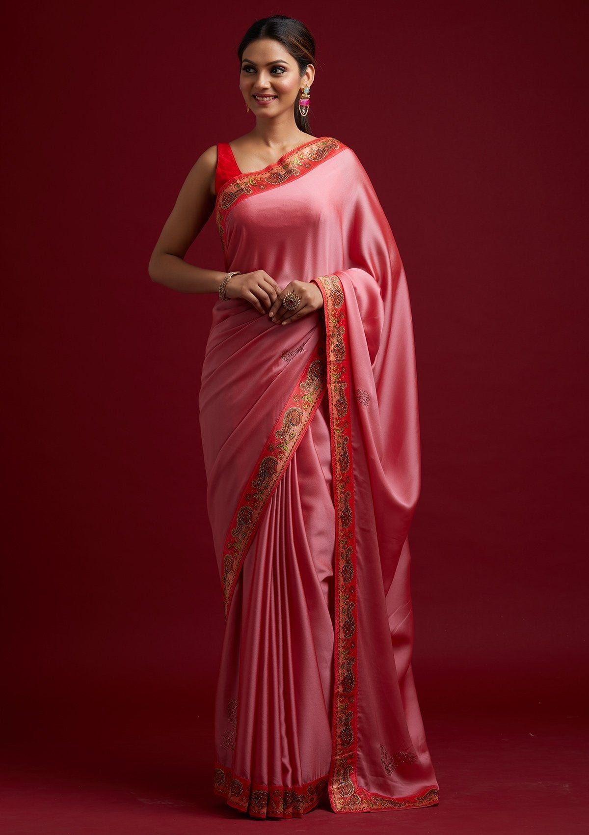 Onion Pink Swarovski Semi Crepe Designer Saree