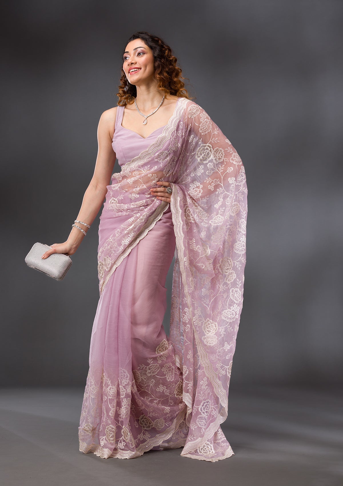 Onion Pink Threadwork Chiffon Saree