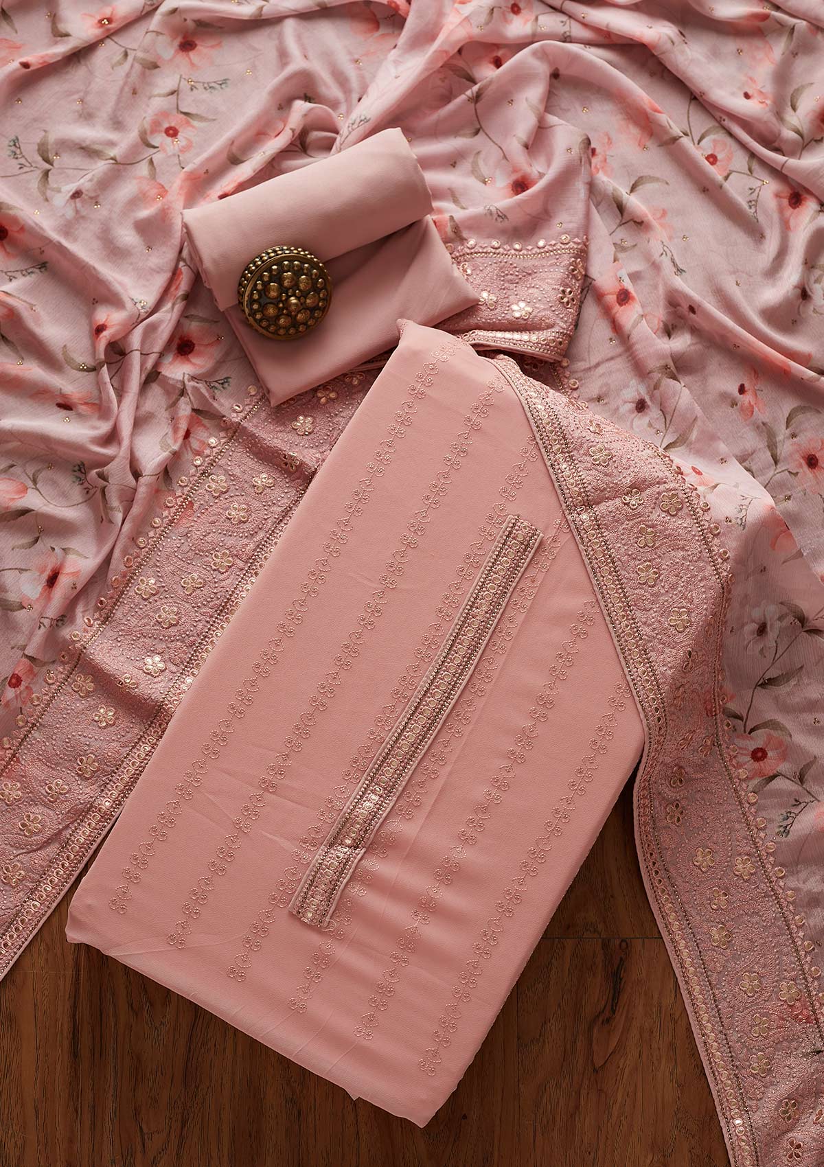 Onion Pink Threadwork Georgette Unstitched Salwar Suit
