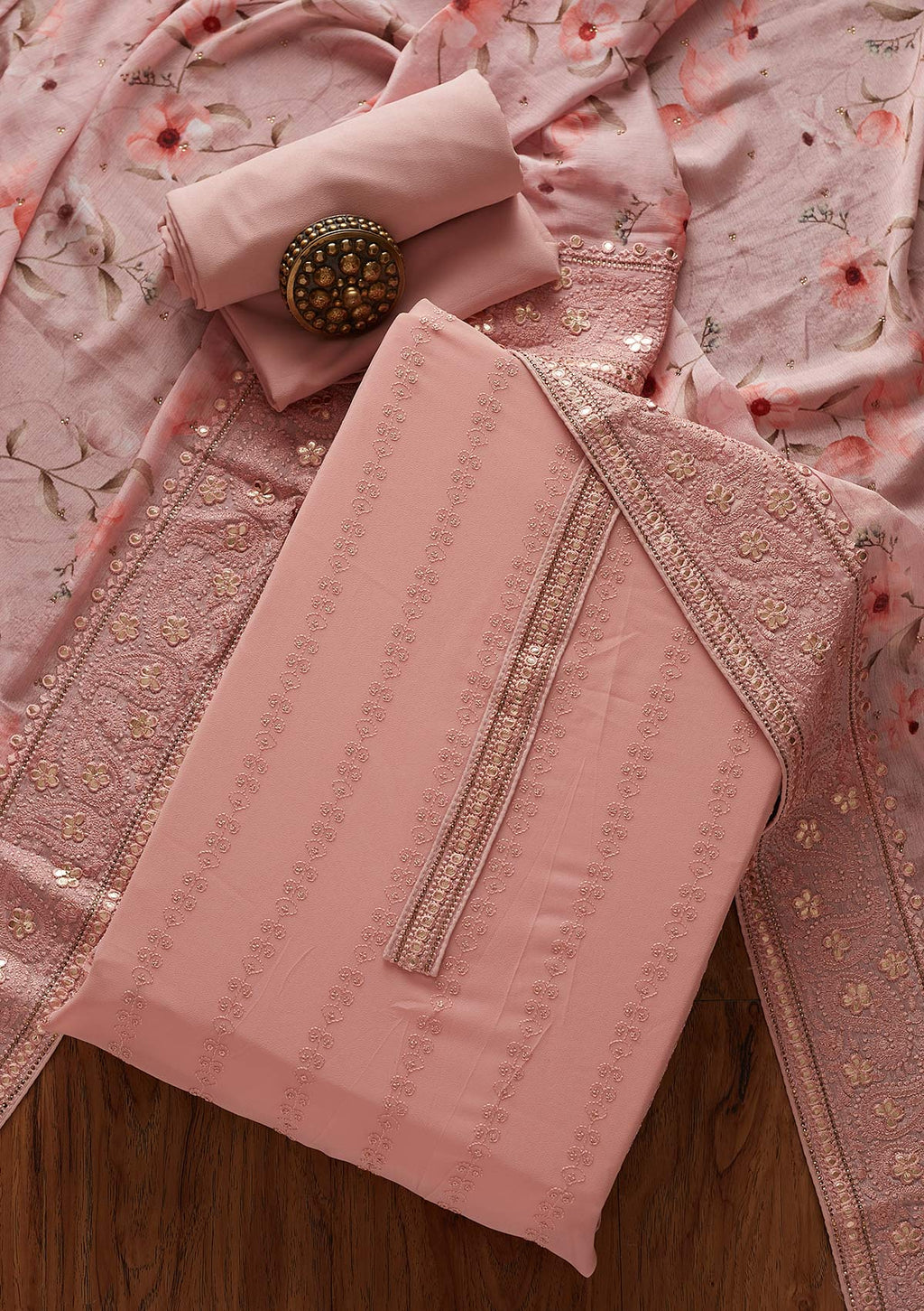 Onion Pink Threadwork Georgette Unstitched Salwar Suit