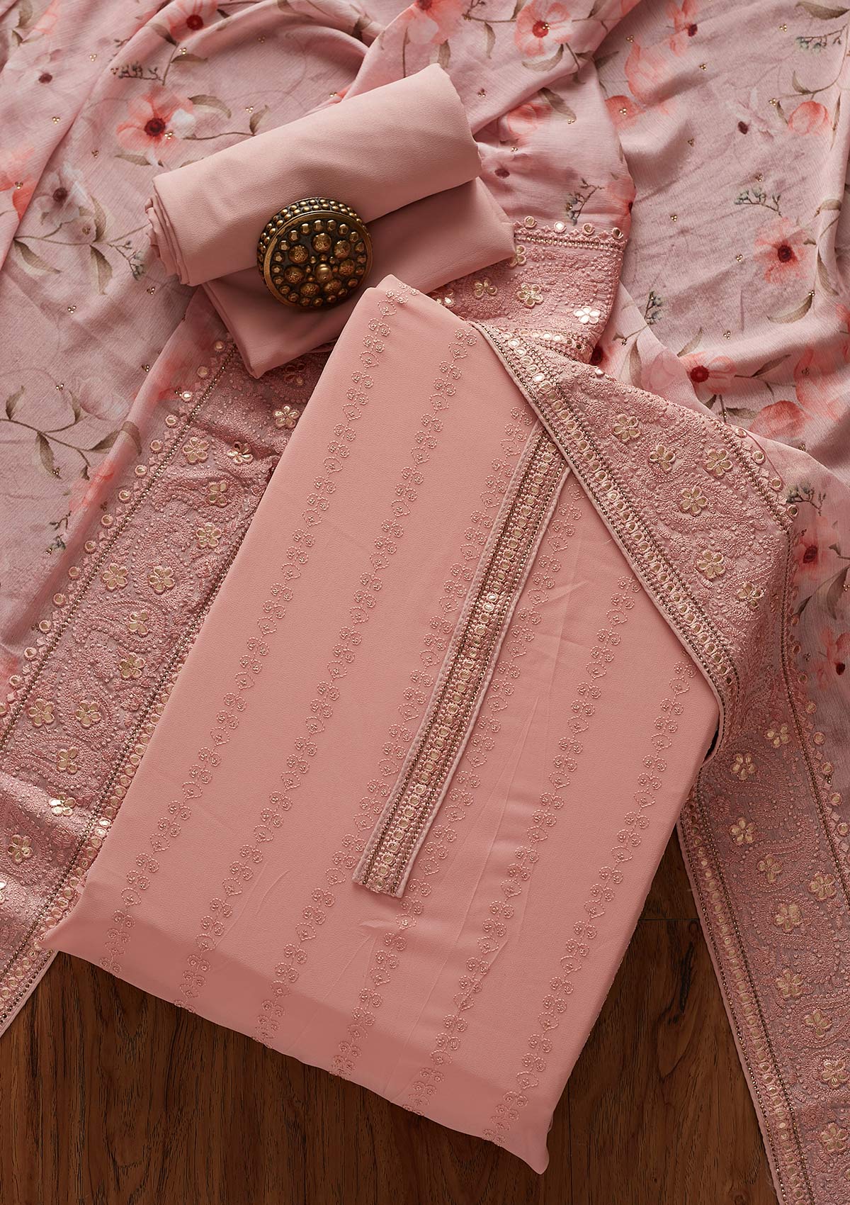 Onion Pink Threadwork Georgette Unstitched Salwar Suit