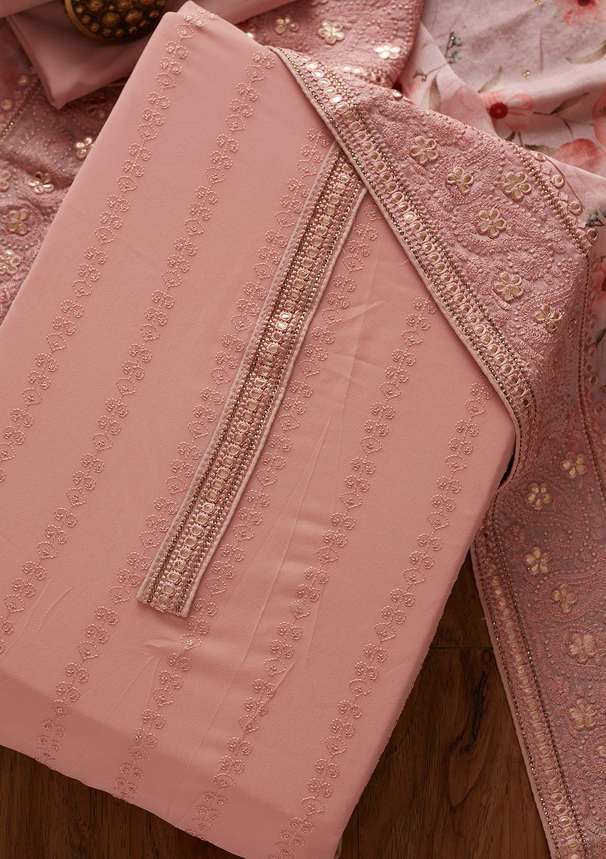 Onion Pink Threadwork Georgette Unstitched Salwar Suit