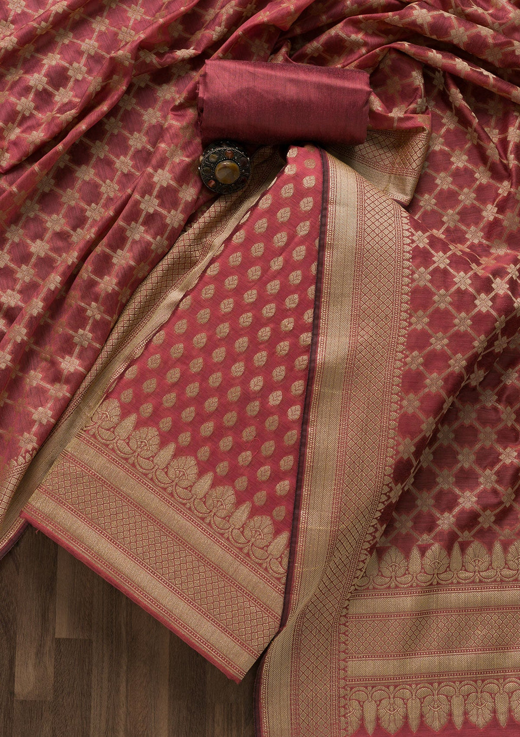 Onion Pink Zariwork Banarasi Unstitched Salwar Suit