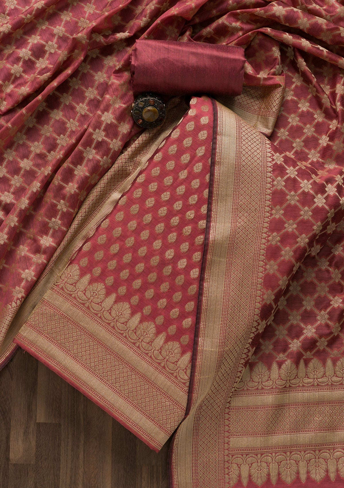 Onion Pink Zariwork Banarasi Unstitched Salwar Suit