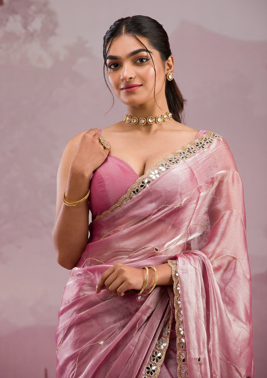 Onion Pink Mirrorwork Organza Saree