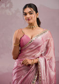 Onion Pink Mirrorwork Organza Saree