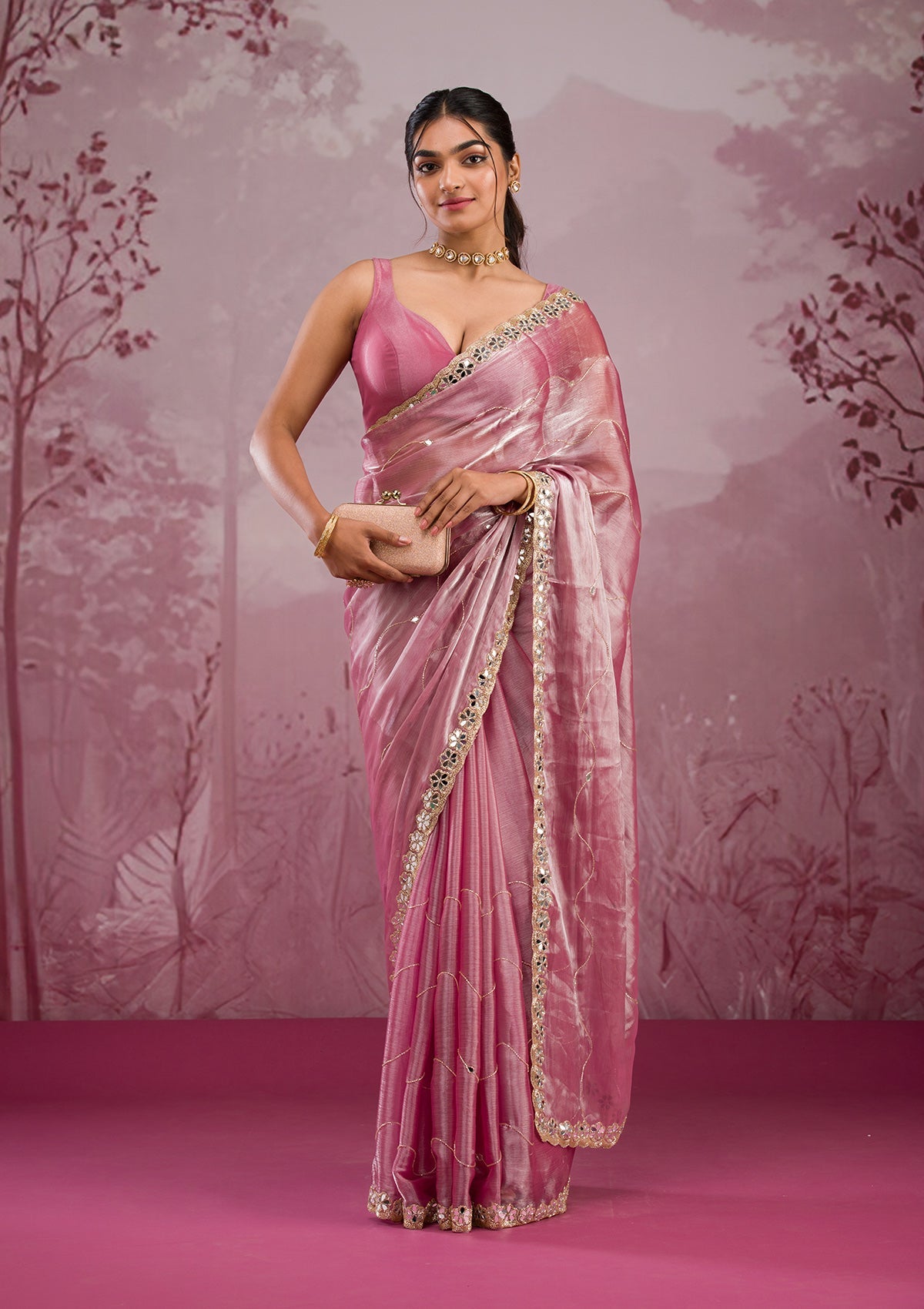 Onion Pink Mirrorwork Organza Saree