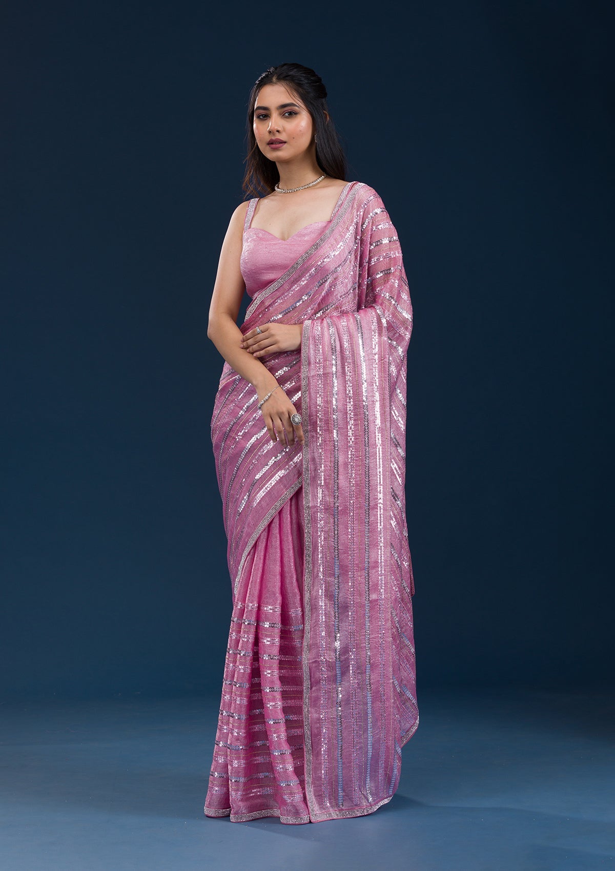Onion Pink Sequins Semi Crepe Saree