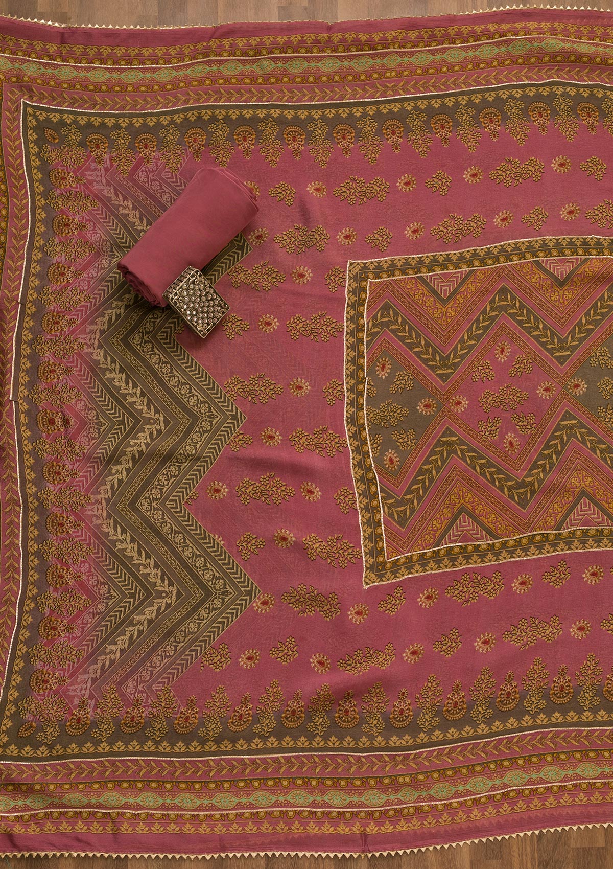 Onion Pink Zari Work Crepe Unstitched Salwar Suit
