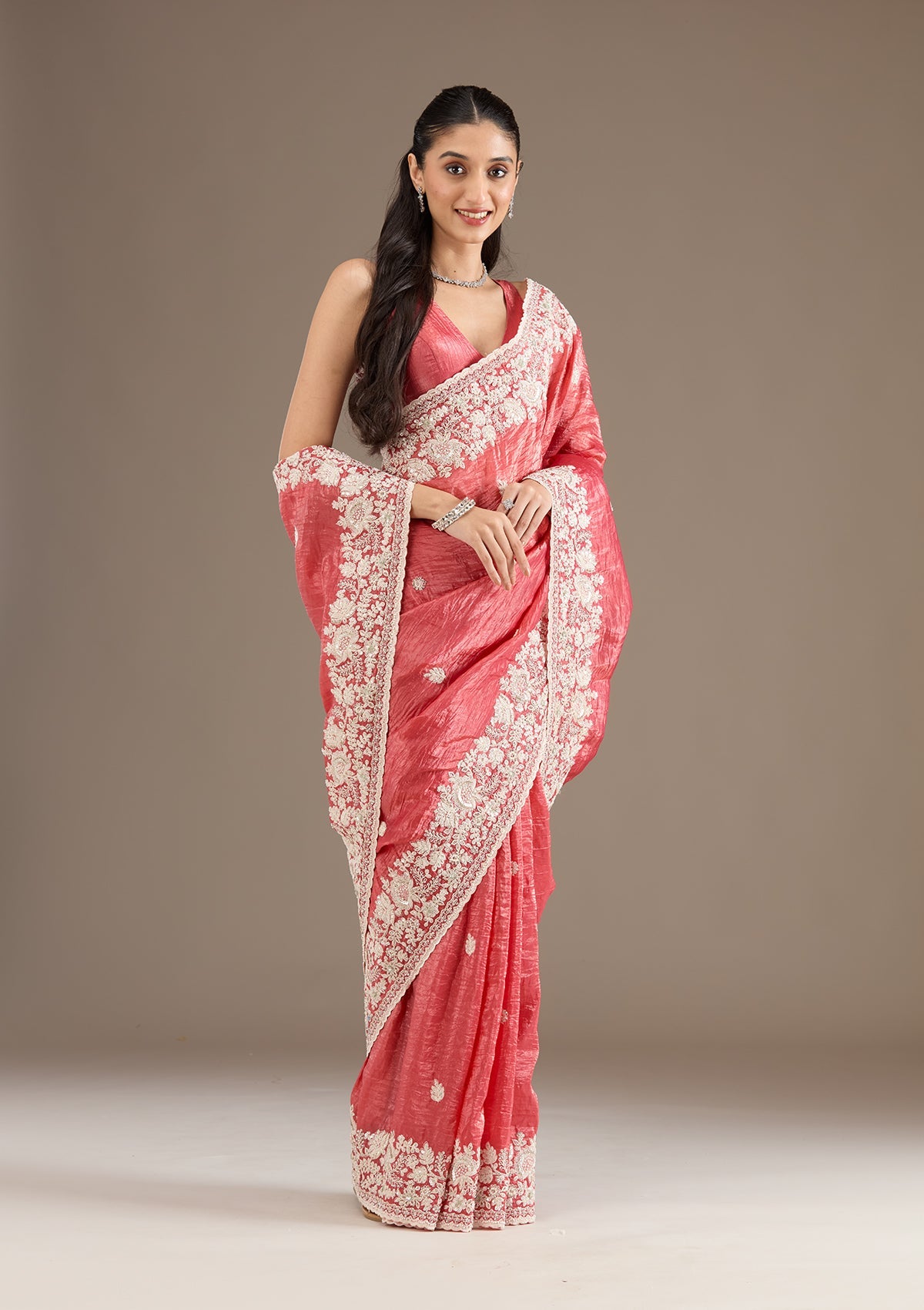 Onion Pink Sequins Tissue Saree