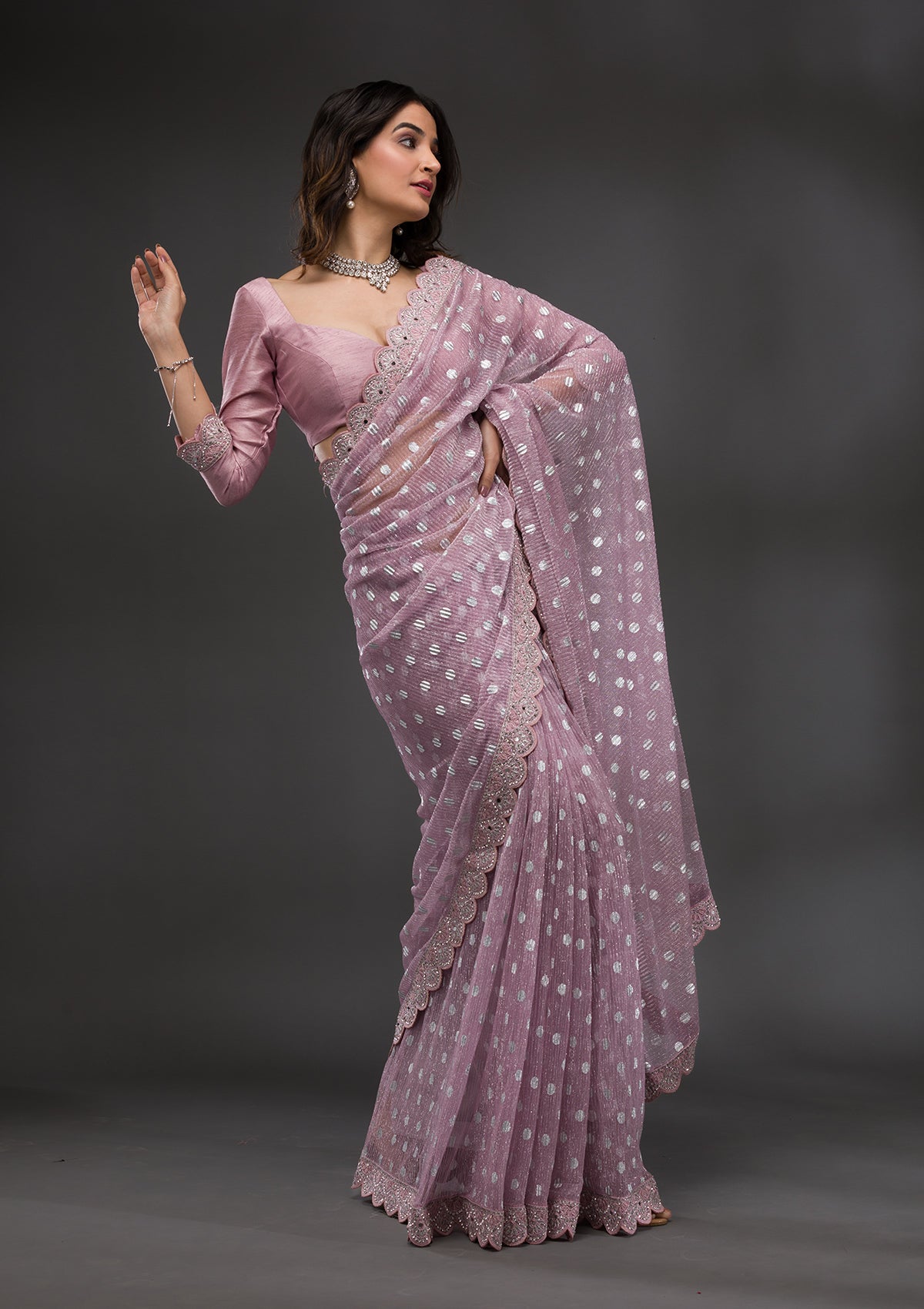 Onion Pink Stonework (Silver) Lycra Saree