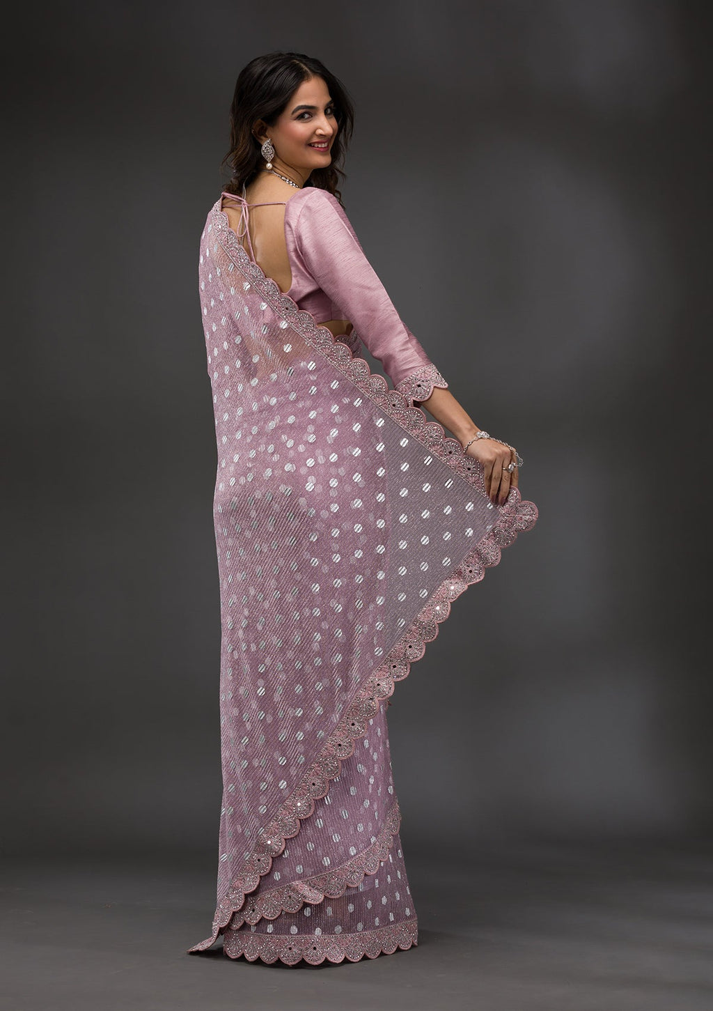 Onion Pink Stonework (Silver) Lycra Saree