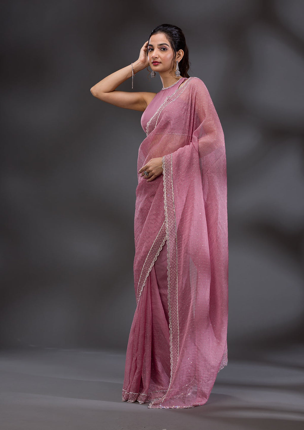 Onion Pink Stonework Tissue Saree