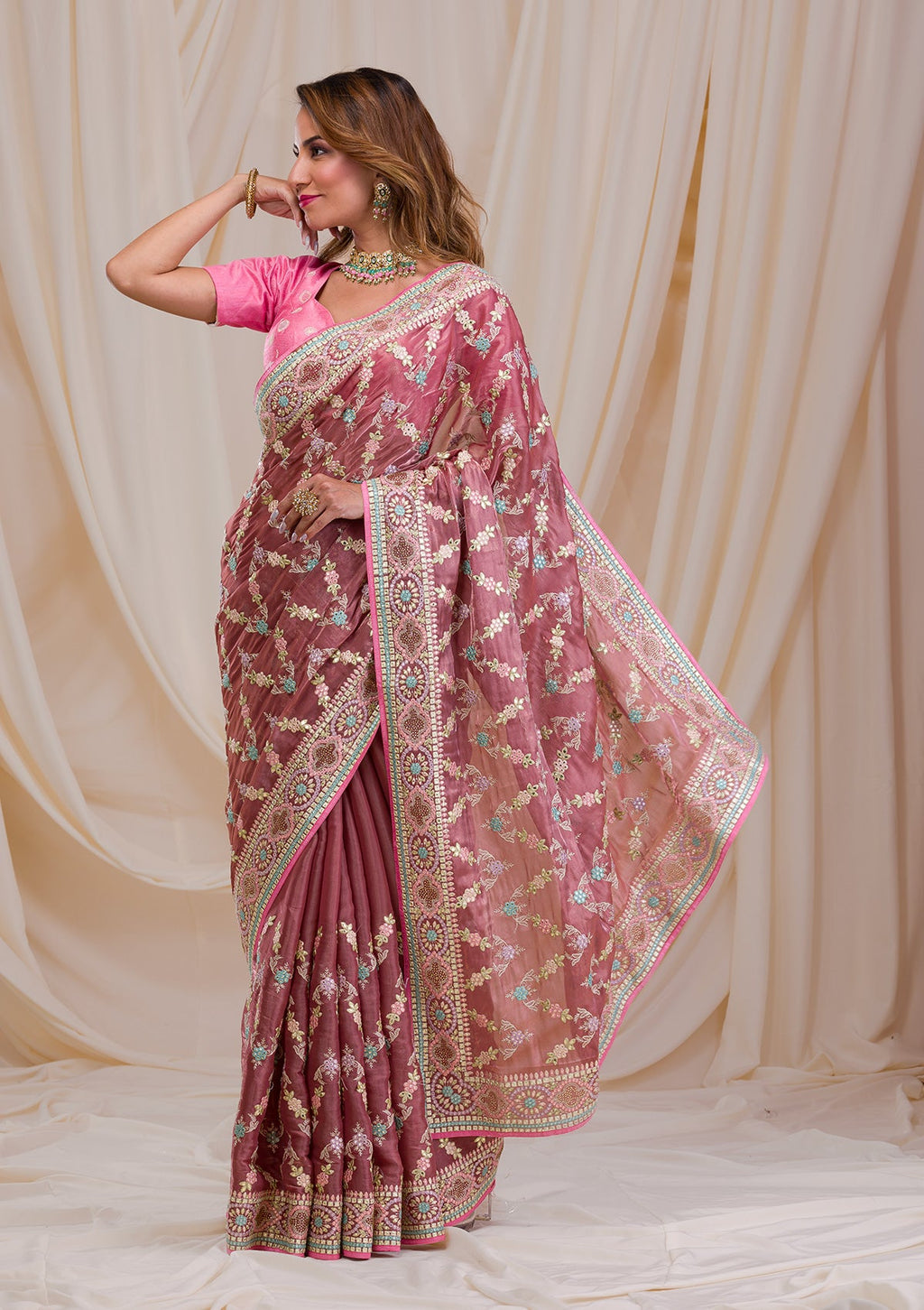 Onion Pink Swarovski Chiffon Saree