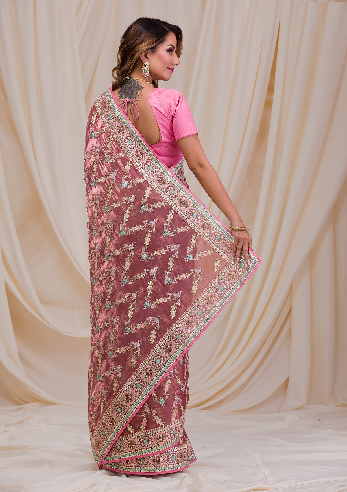 Onion Pink Swarovski Chiffon Saree