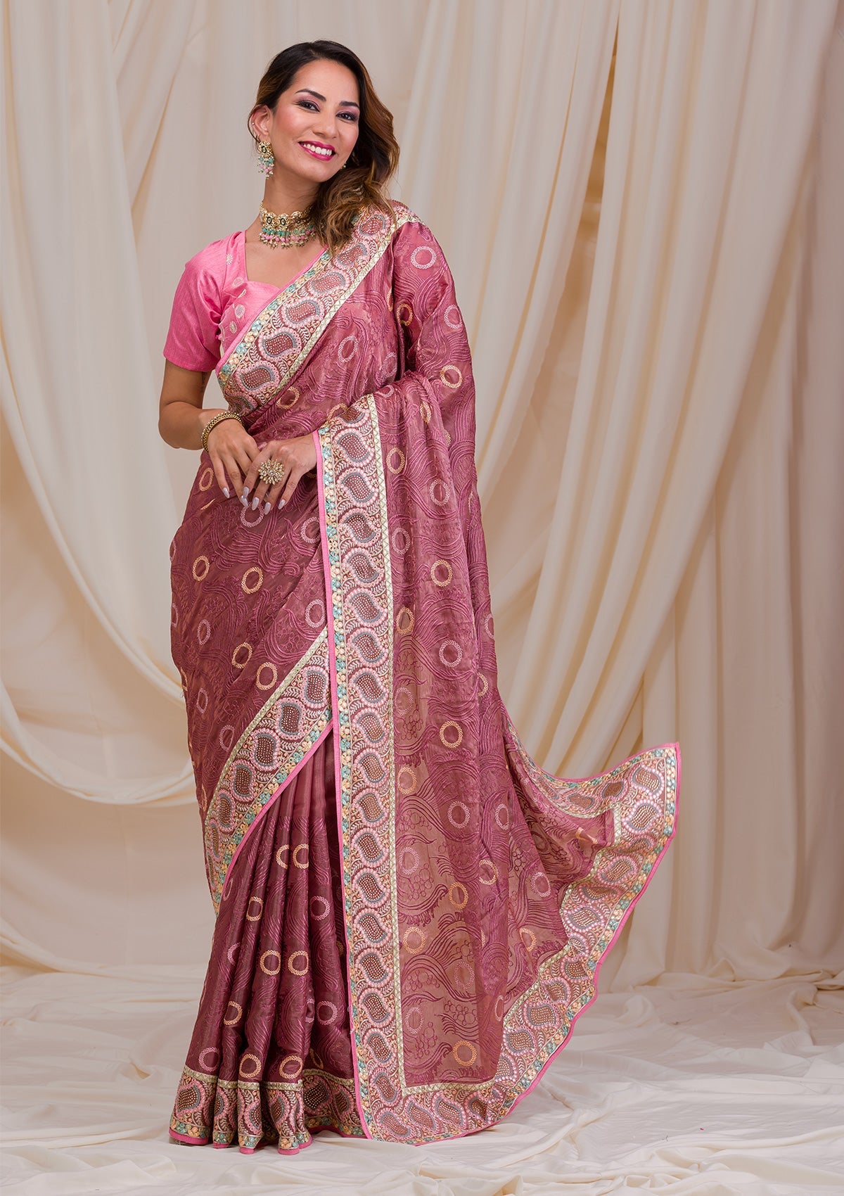 Onion Pink Swarovski Chiffon Saree