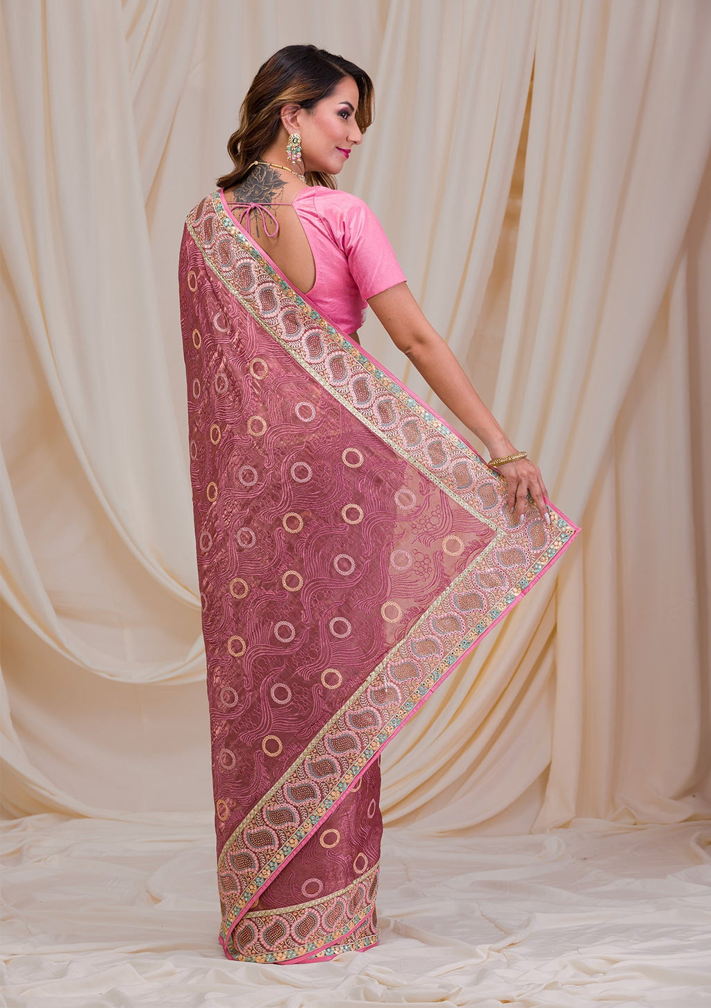 Onion Pink Swarovski Chiffon Saree
