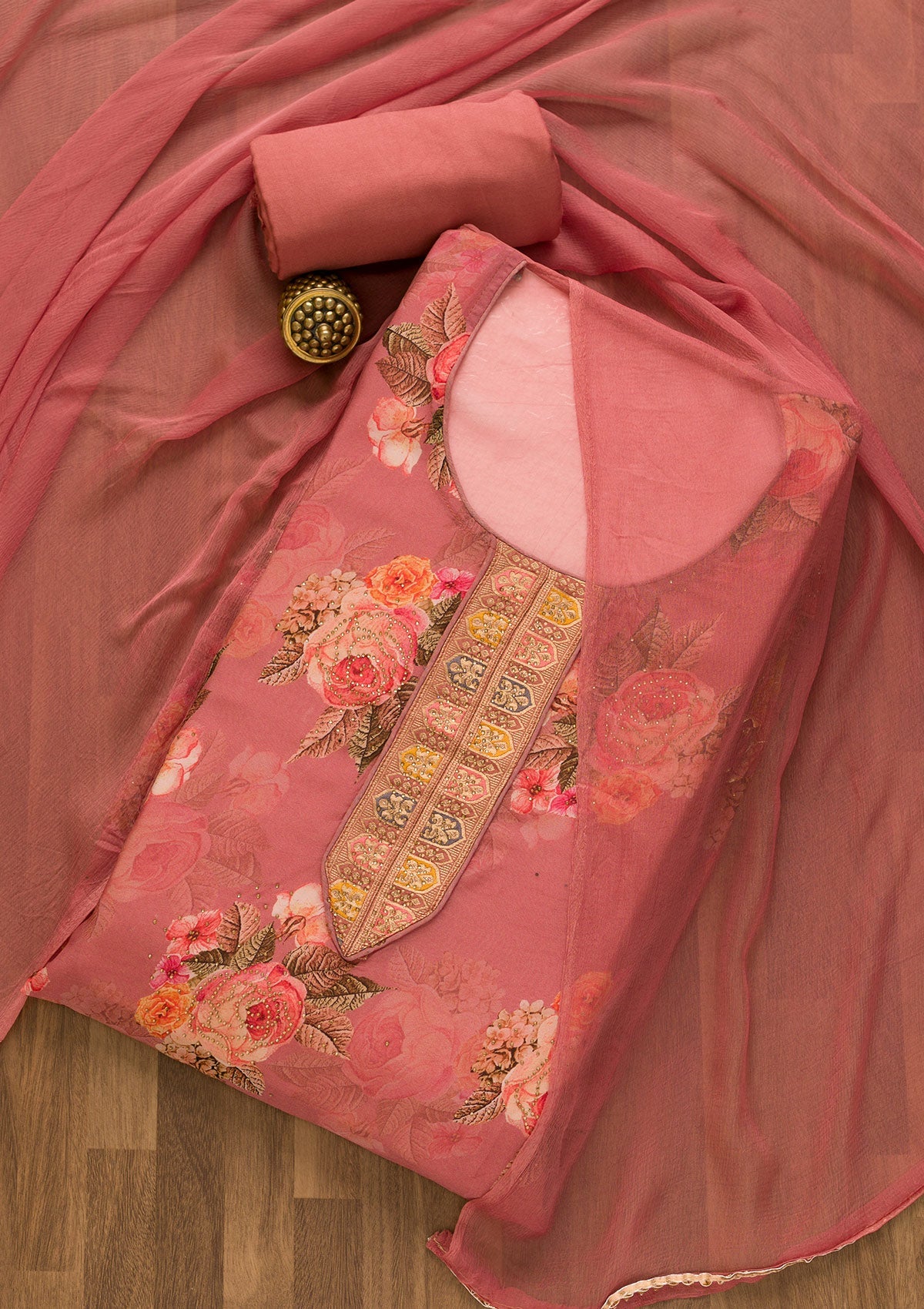 Onion Pink Swarovski Semi Crepe Unstitched Salwar Suit