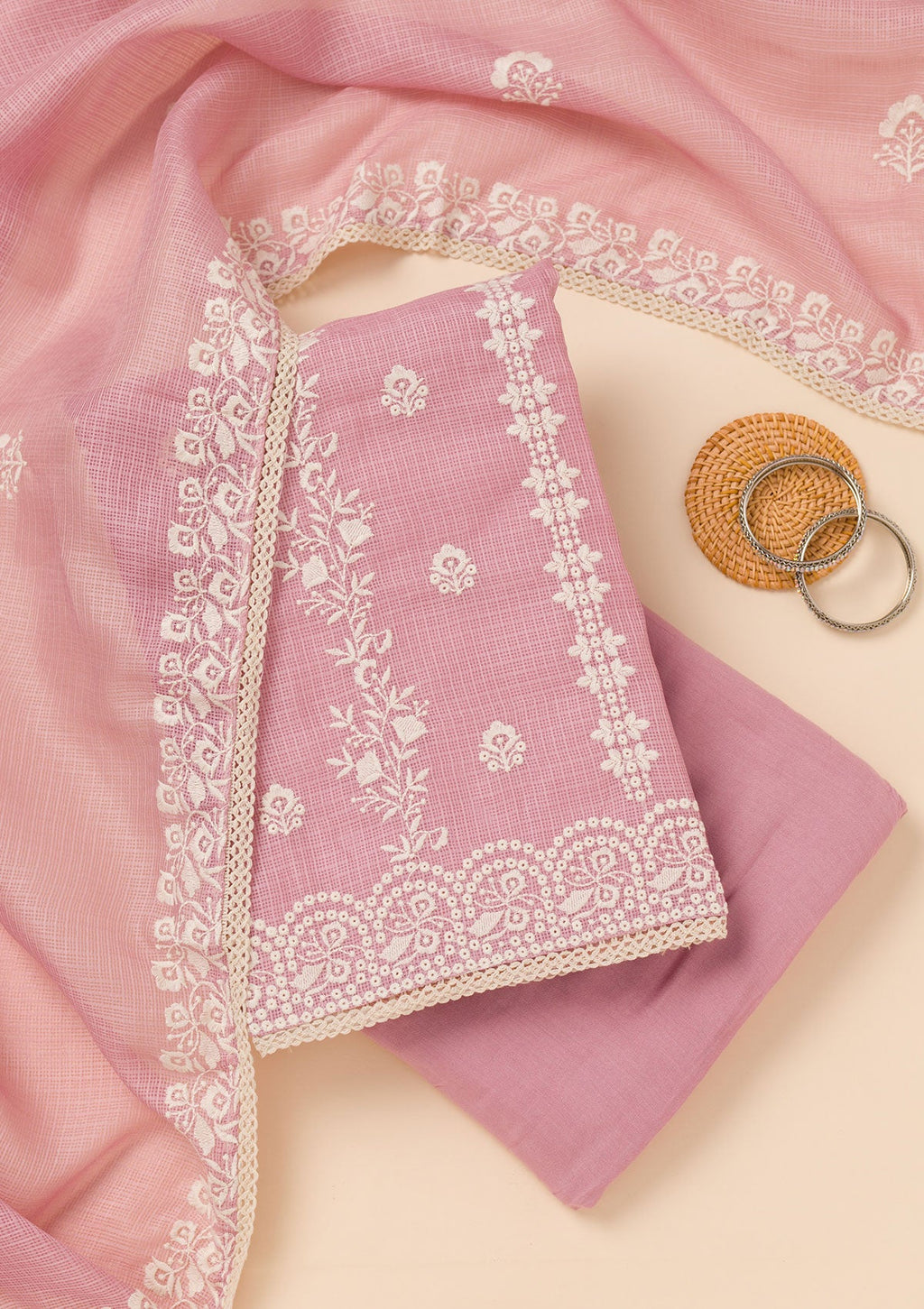 Onion Pink Threadwork Cotton Blend Unstitched Salwar Suit