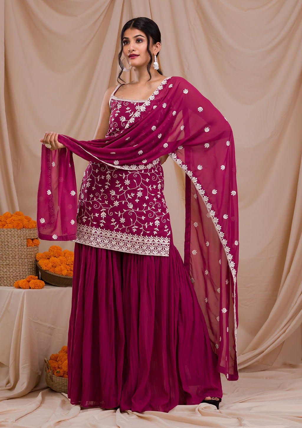 Onion Pink Threadwork Georgette Readymade Sharara Suit