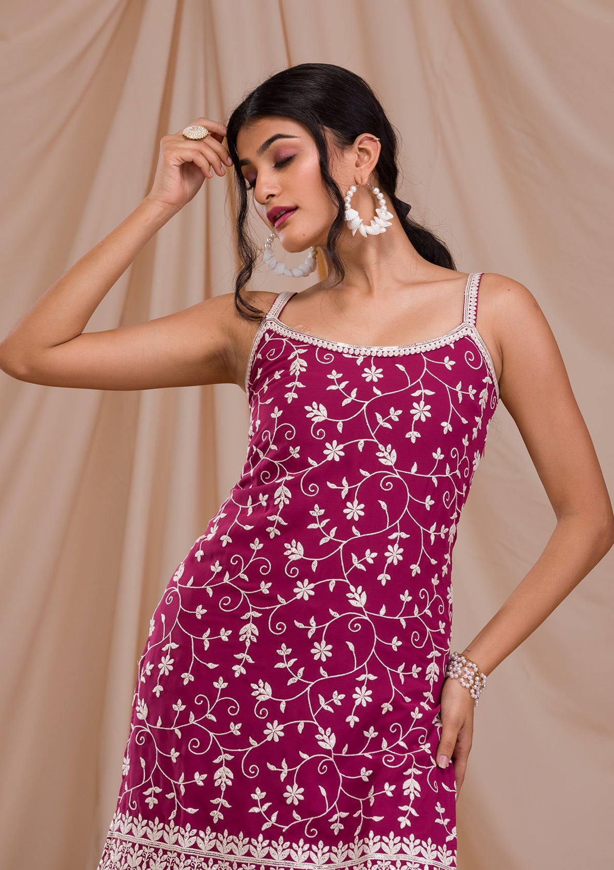 Onion Pink Threadwork Georgette Readymade Sharara Suit