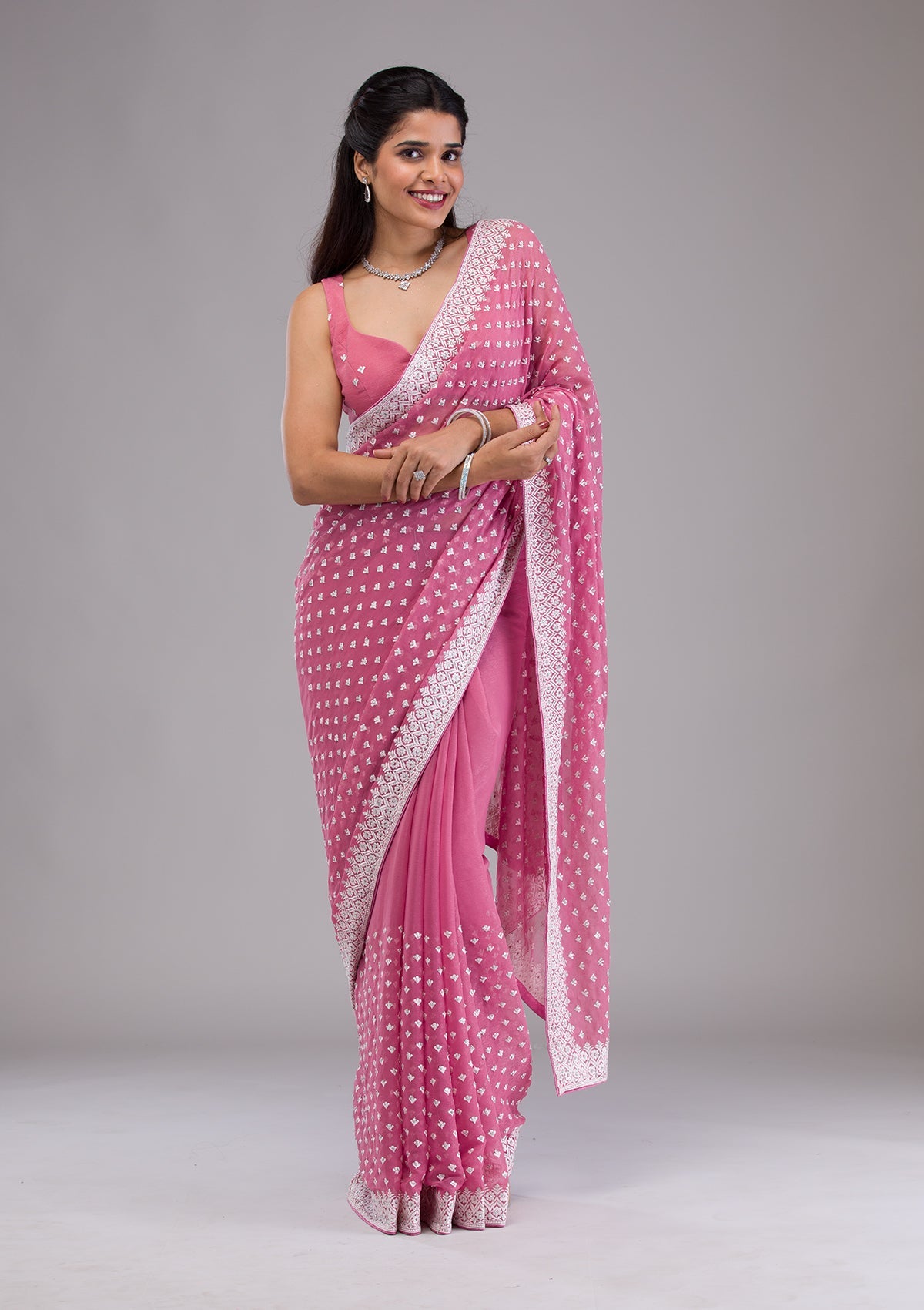 Onion Pink Threadwork Georgette Saree