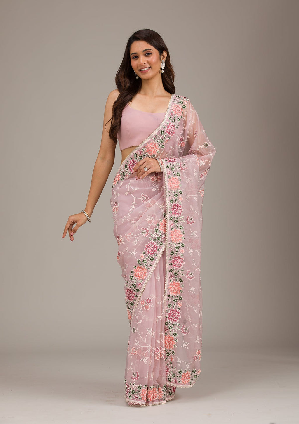 Onion Pink Threadwork Tissue Saree