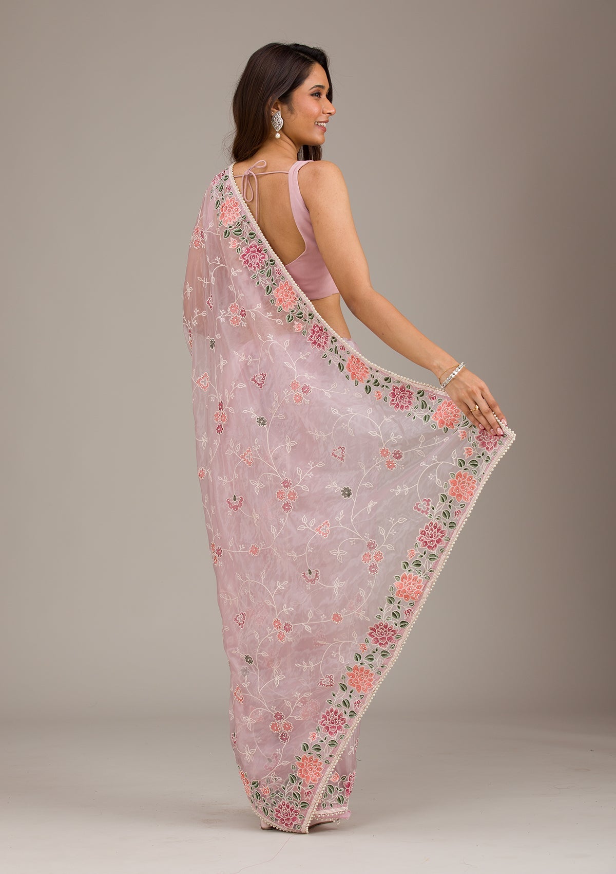 Onion Pink Threadwork Tissue Saree