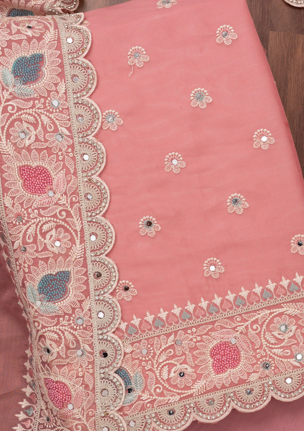 Onion Pink Threadwork Semi Crepe Unstitched Salwar Suit