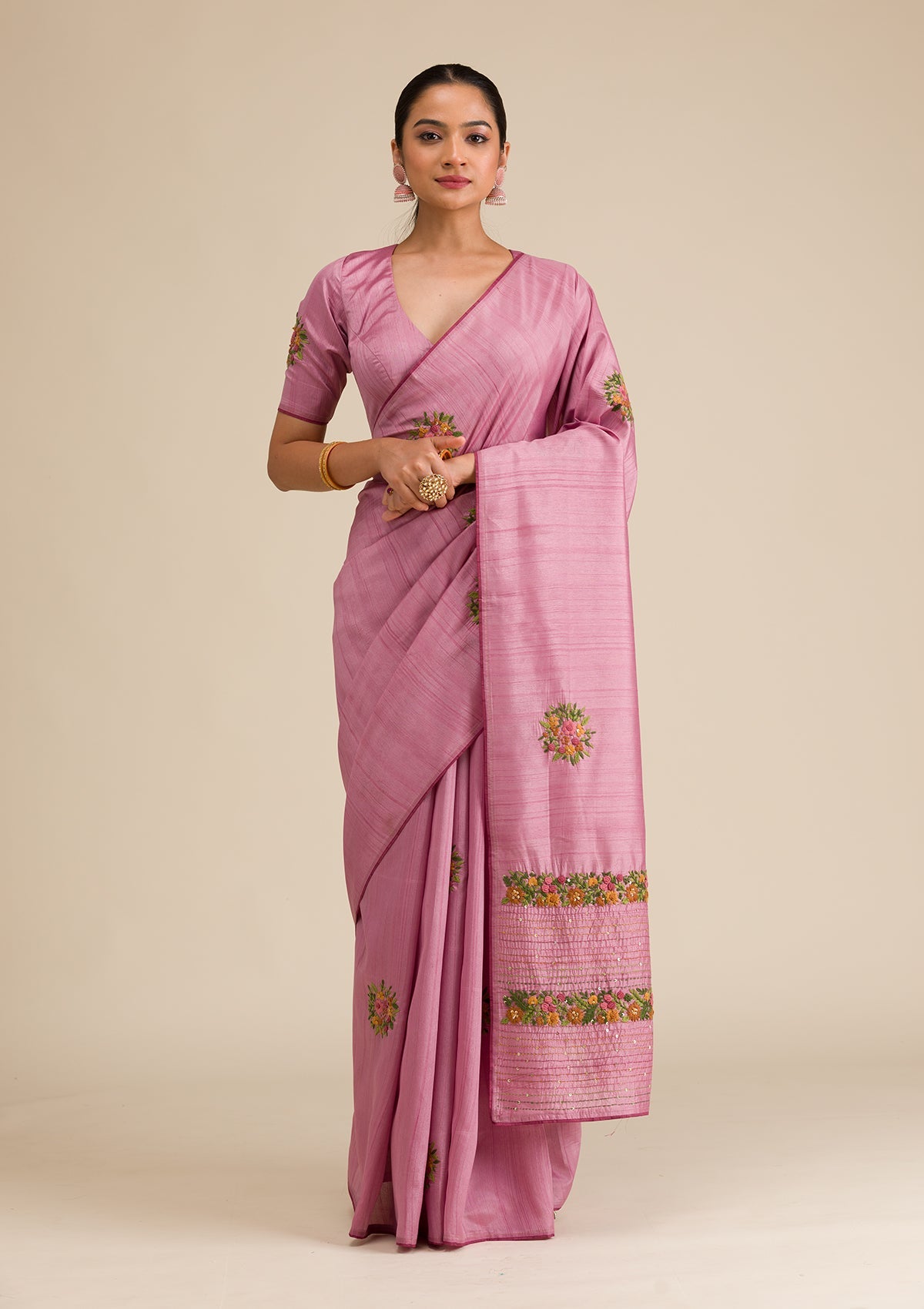 Onion Pink Threadwork Silk Saree