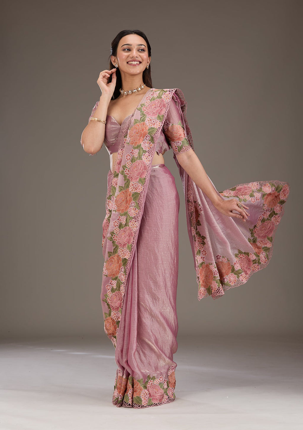 Onion Pink Threadwork Tissue Saree