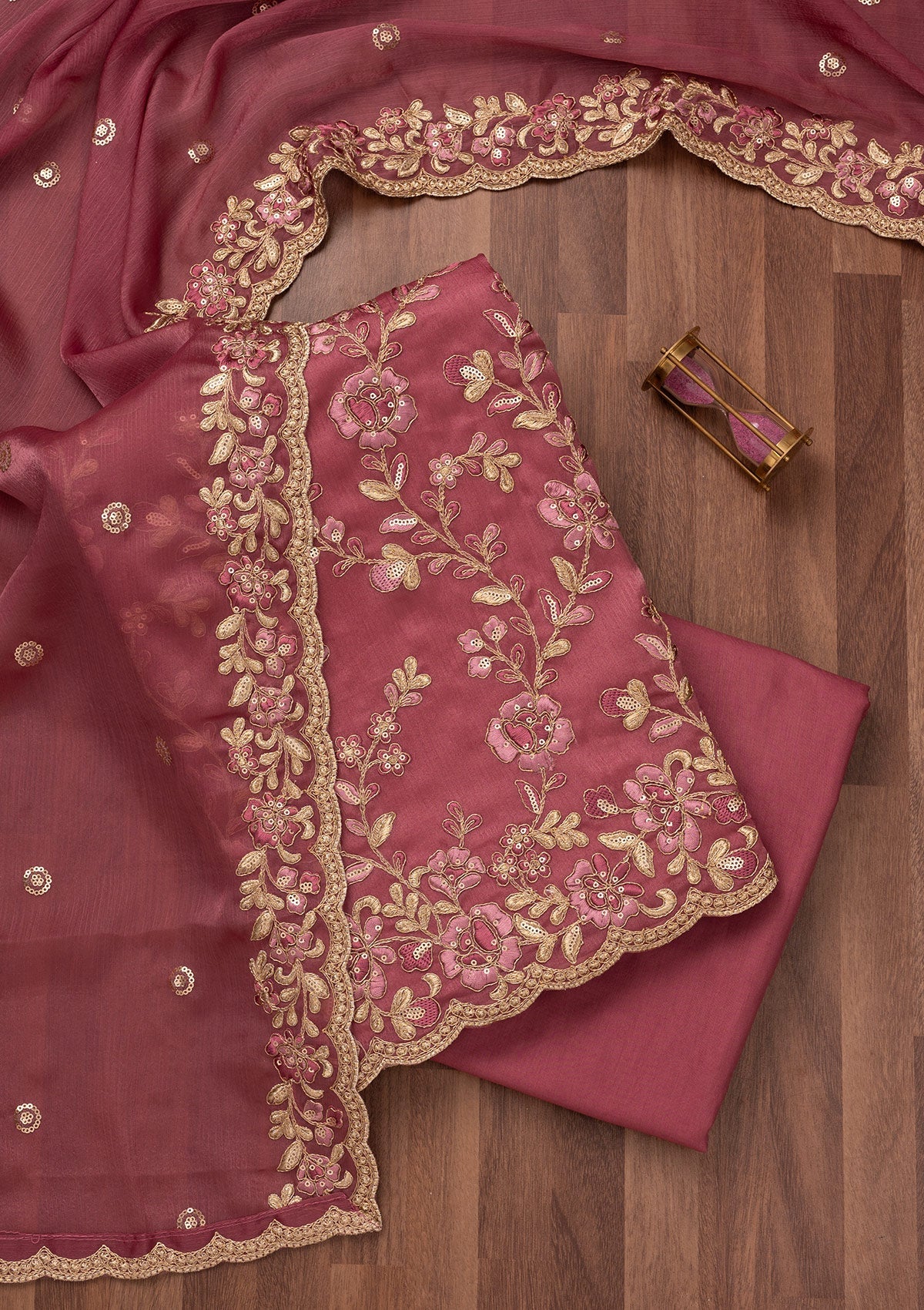 Onion Pink Zariwork Semi Crepe Unstitched Salwar Suit