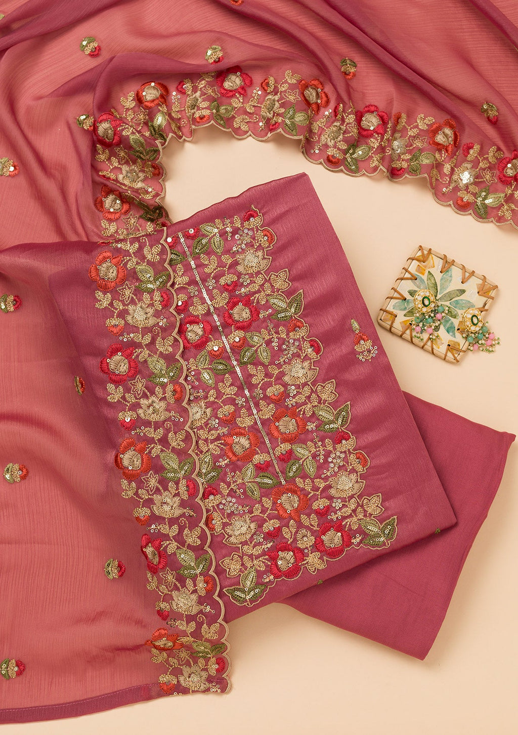 Onion Pink Zariwork Semi Crepe Unstitched Salwar Suit