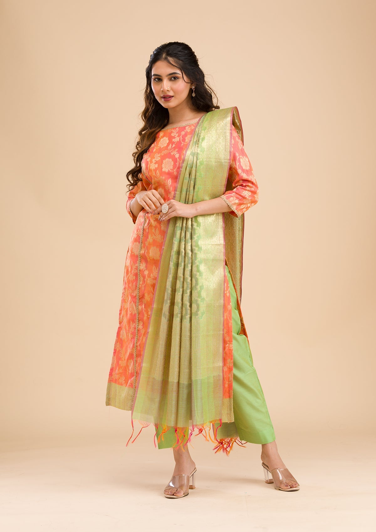 Orange Banarasi Cotton Readymade Salwar Suit