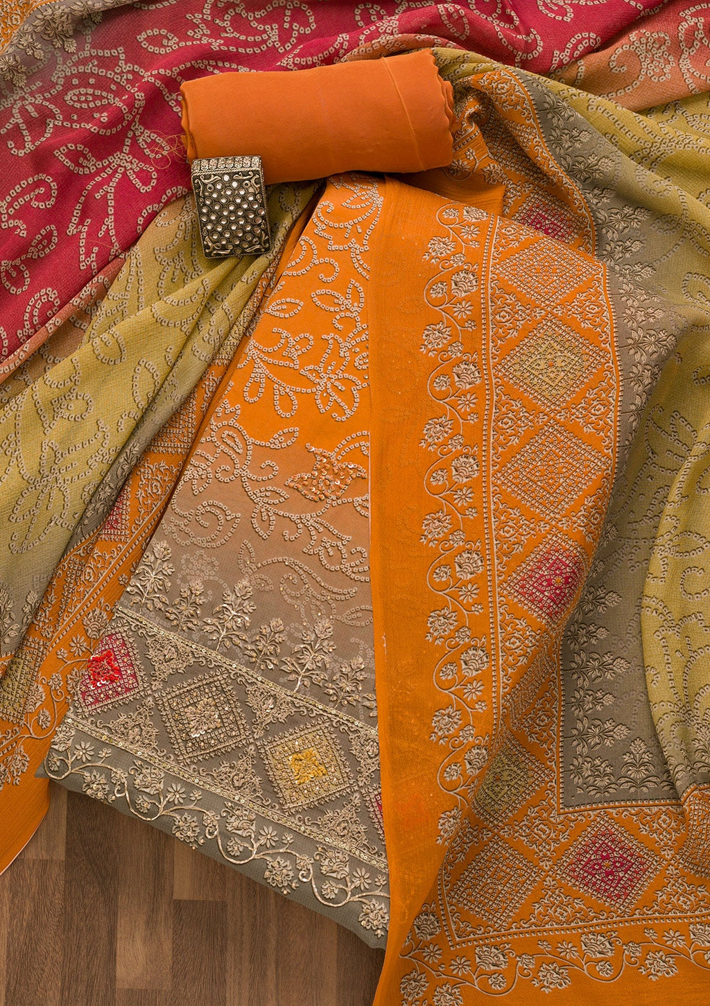 Orange Bandhani Semi Crepe Unstitched Salwar Suit