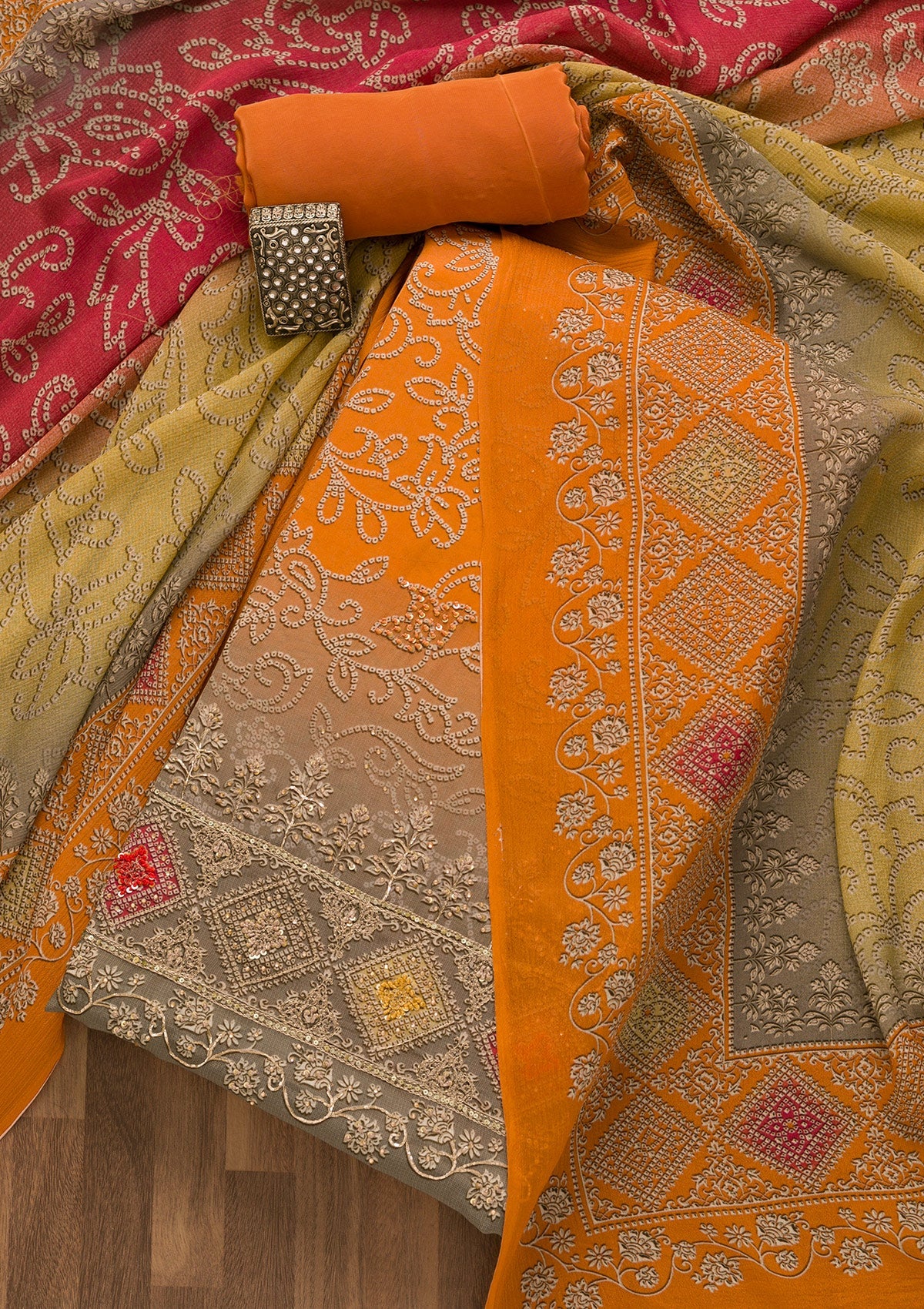 Orange Bandhani Semi Crepe Unstitched Salwar Suit