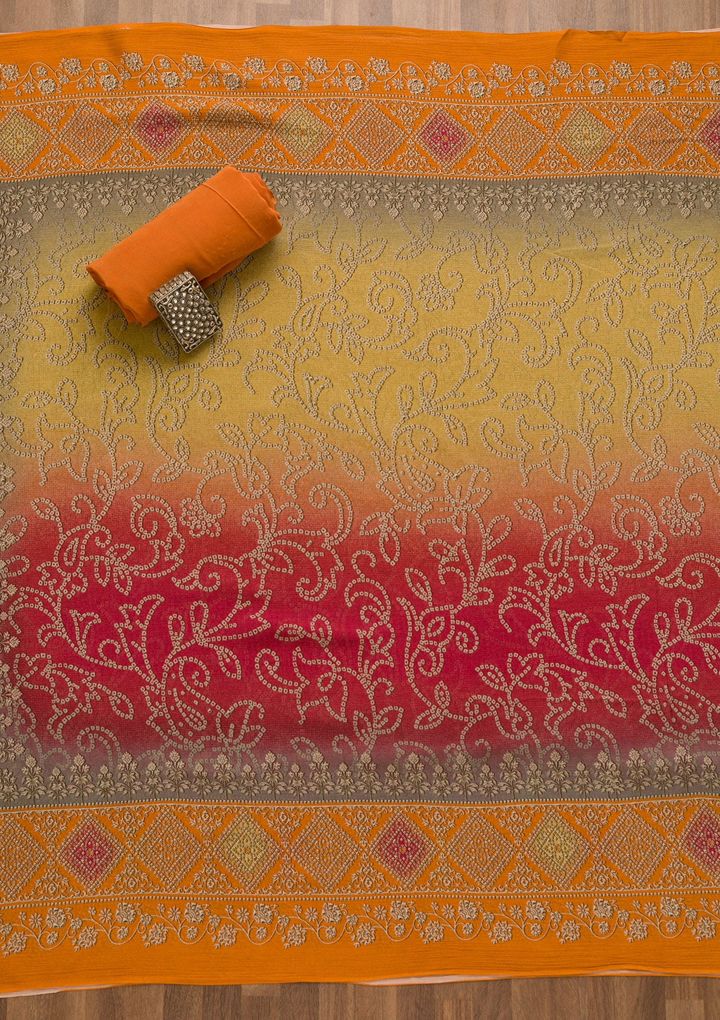 Orange Bandhani Semi Crepe Unstitched Salwar Suit