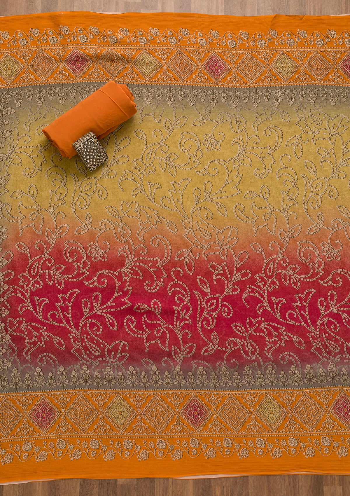 Orange Bandhani Semi Crepe Unstitched Salwar Suit