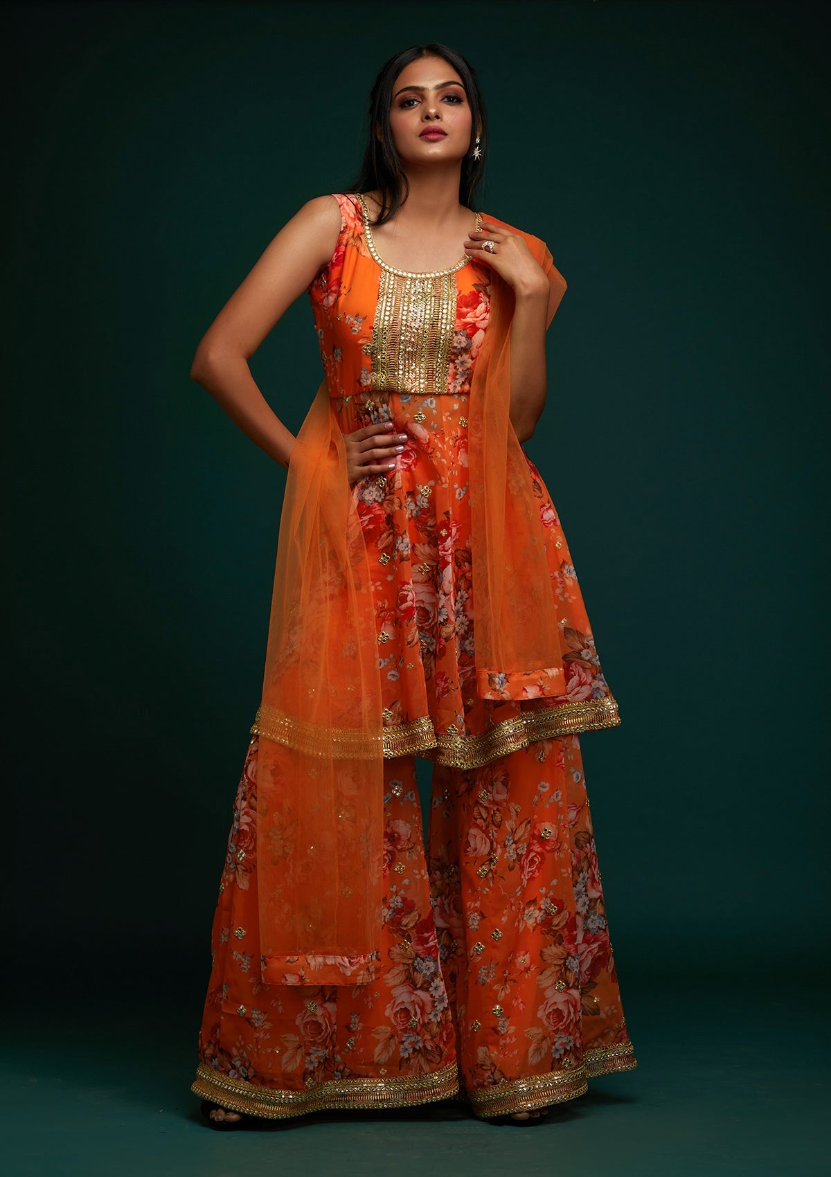 Orange Print Georgette Designer Salwar Suit
