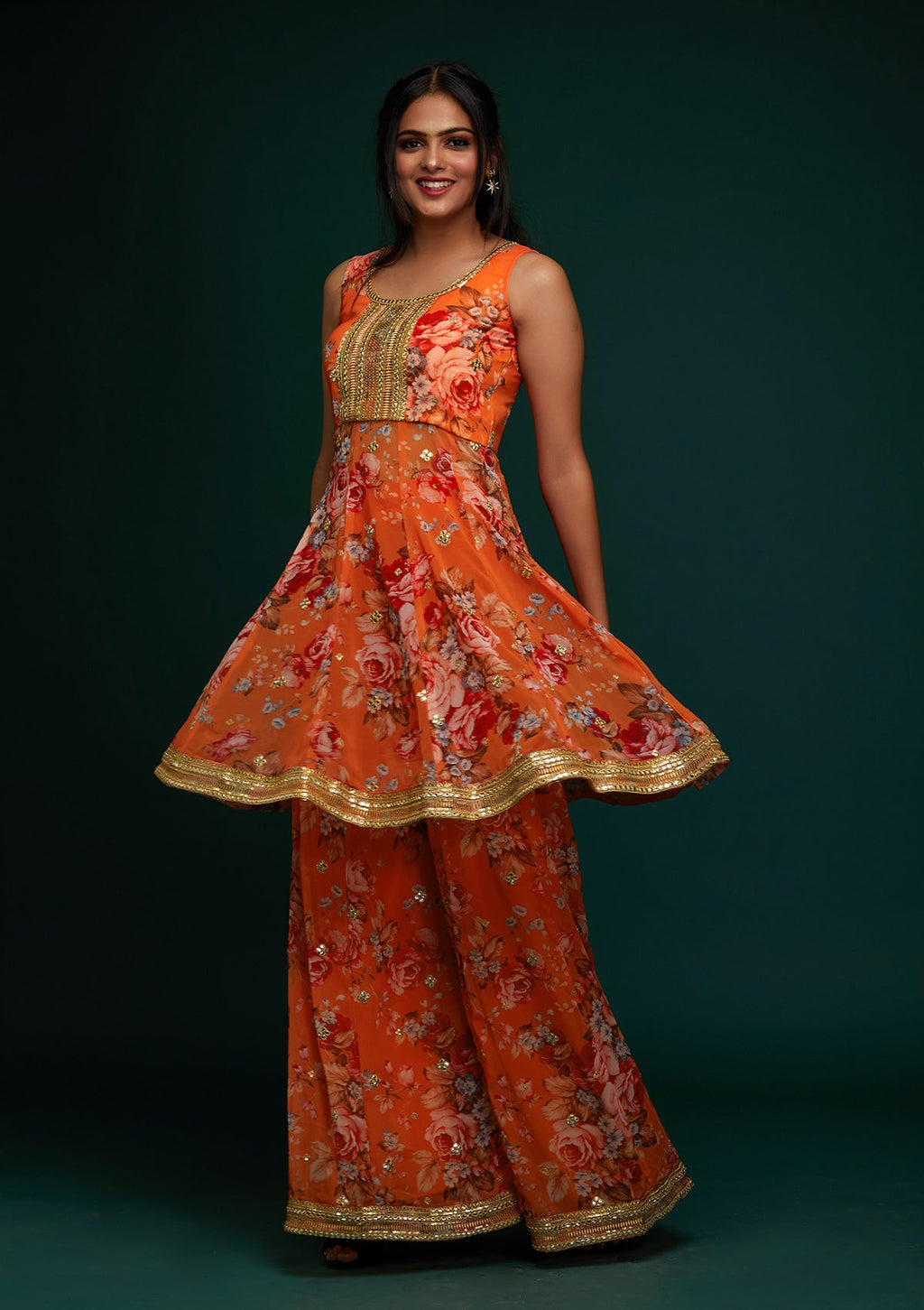 Orange Print Georgette Designer Salwar Suit