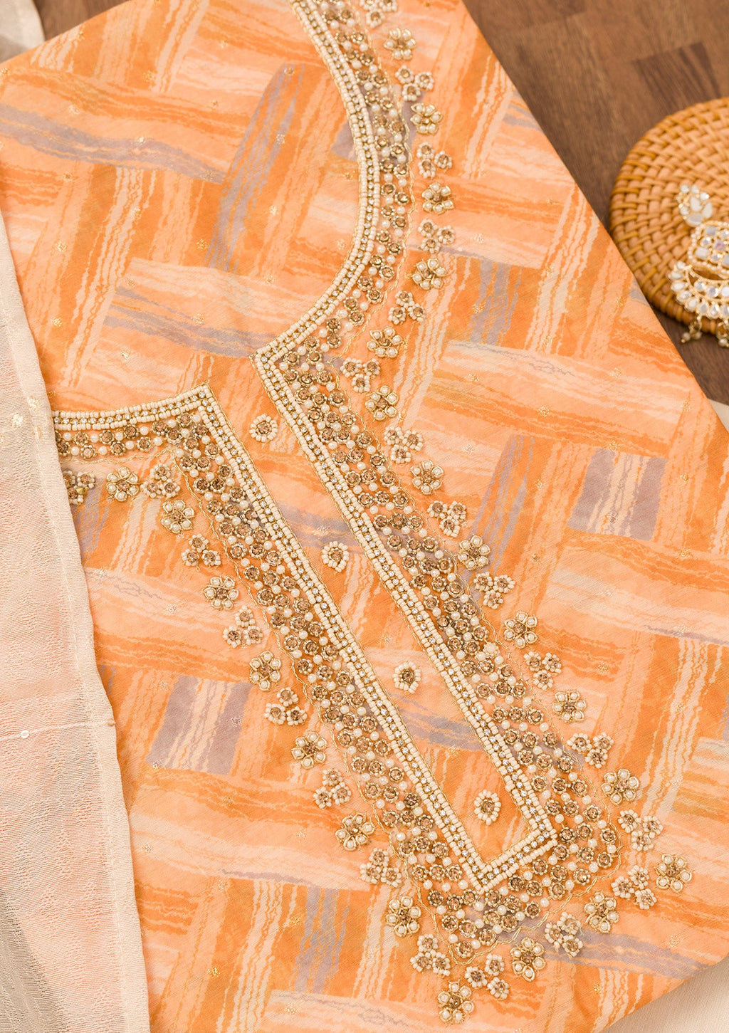 Orange Printed Chanderi Unstitched Salwar Suit