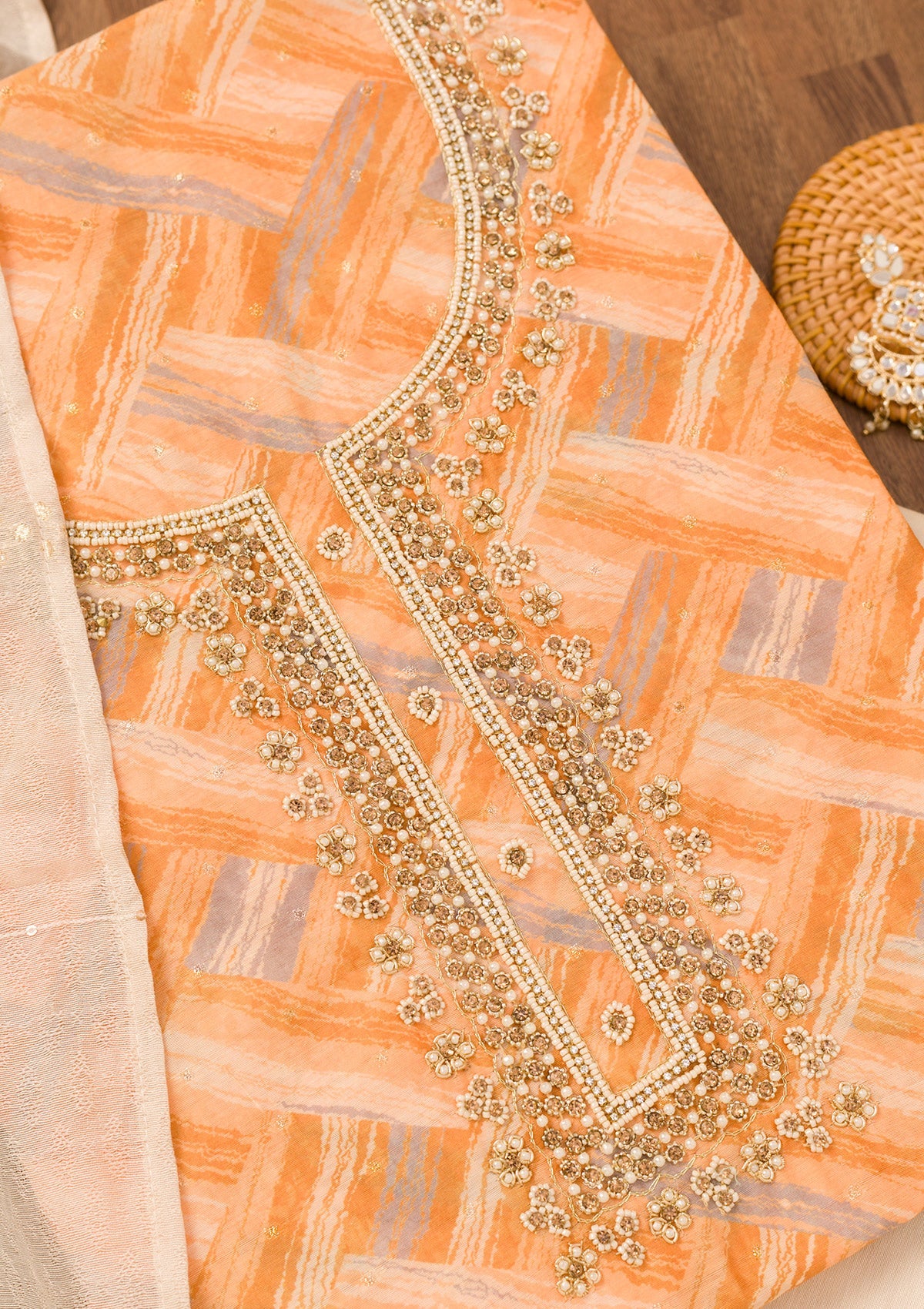 Orange Printed Chanderi Unstitched Salwar Suit