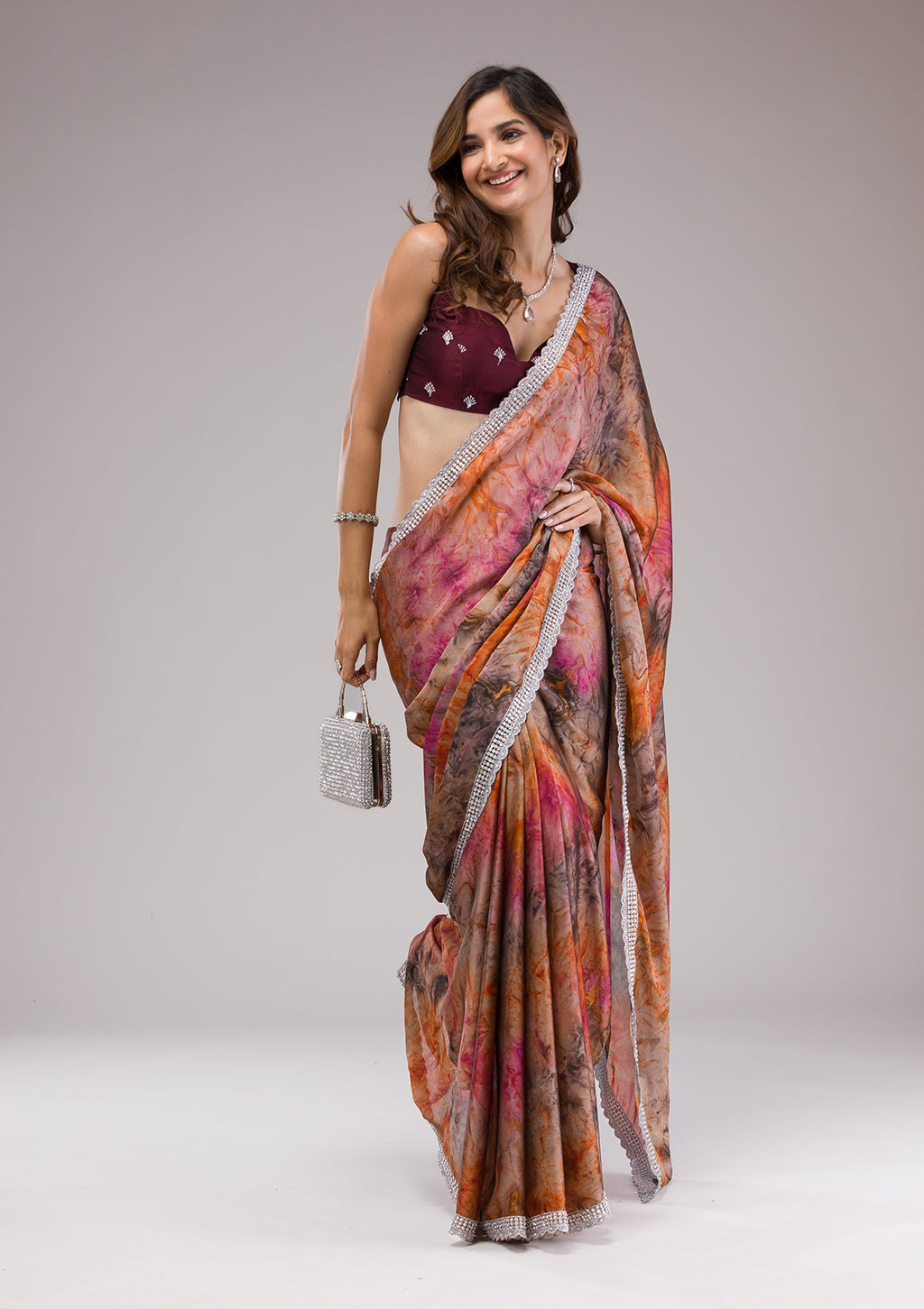 Orange Zariwork (Silver) Georgette Saree