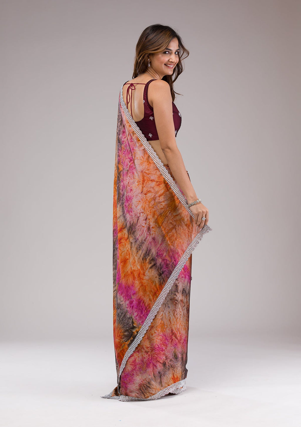 Orange Zariwork (Silver) Georgette Saree