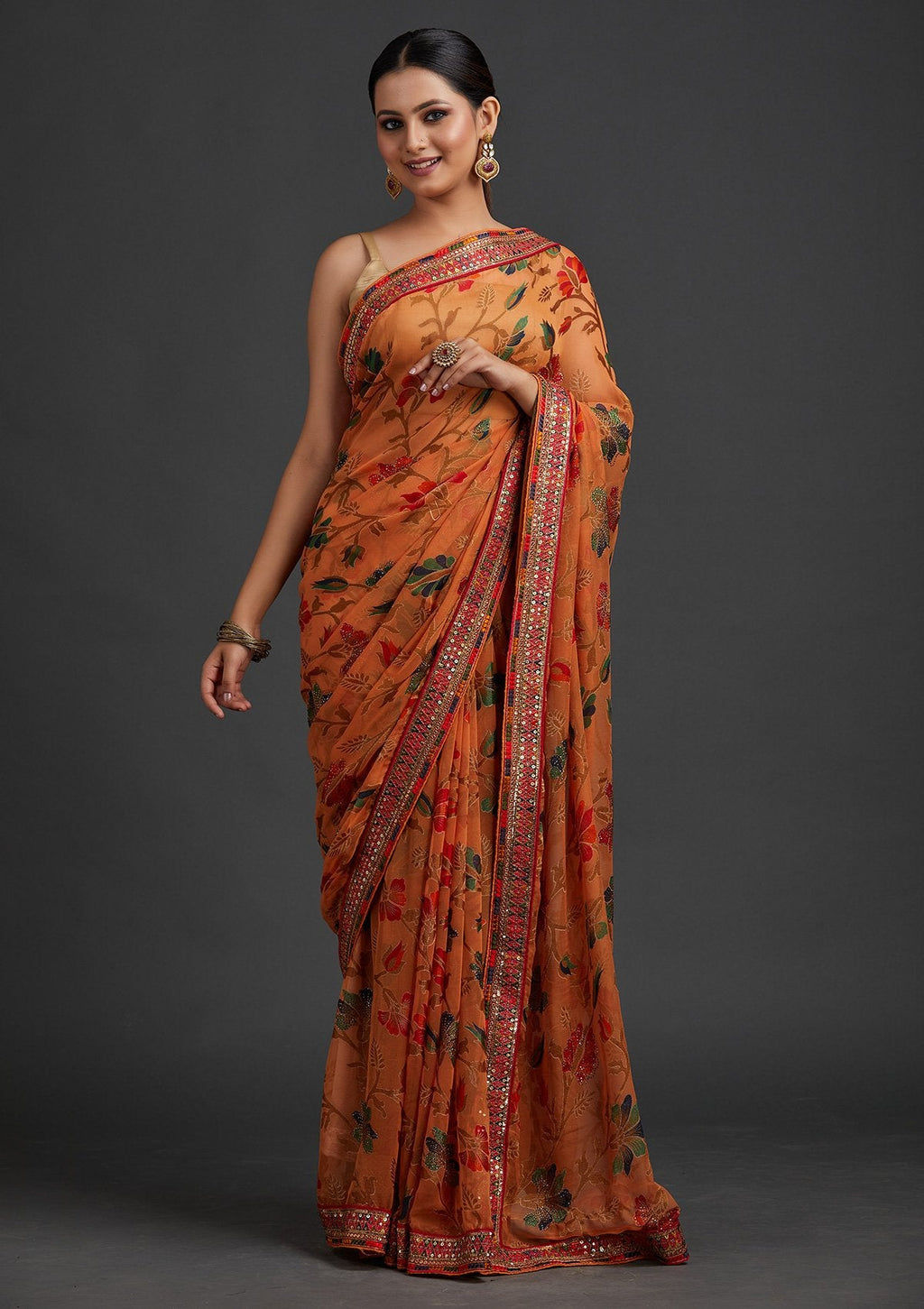 Orange Printed Georgette Designer Saree