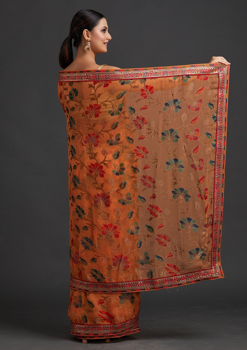 Orange Printed Georgette Designer Saree